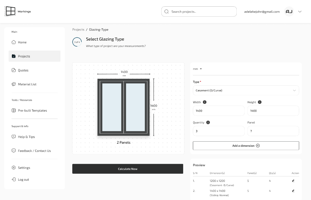 Workings app — Select Glazing Type screen showing casement window preview, dimension inputs, and calculation preview table